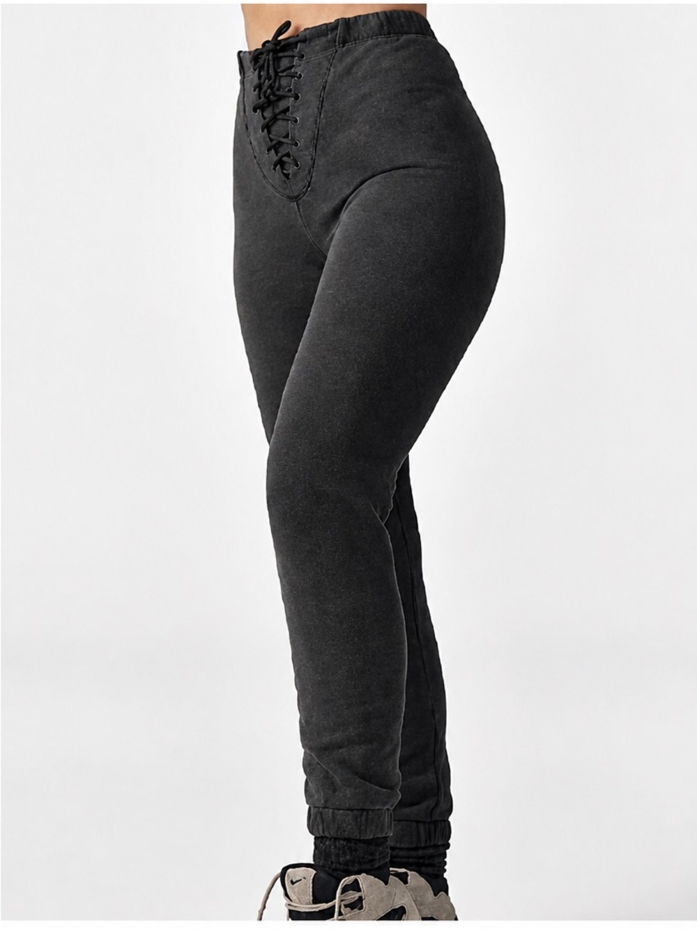 ♡ Joah Brown Lace Up Jogger in True Black French Terry